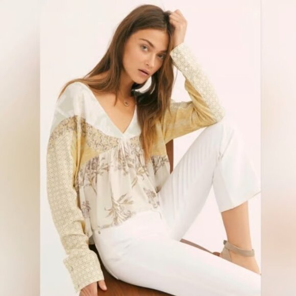 Free People Aloha State of Mind Yellow Floral Cropped Blouse Small - Picture 2 of 5